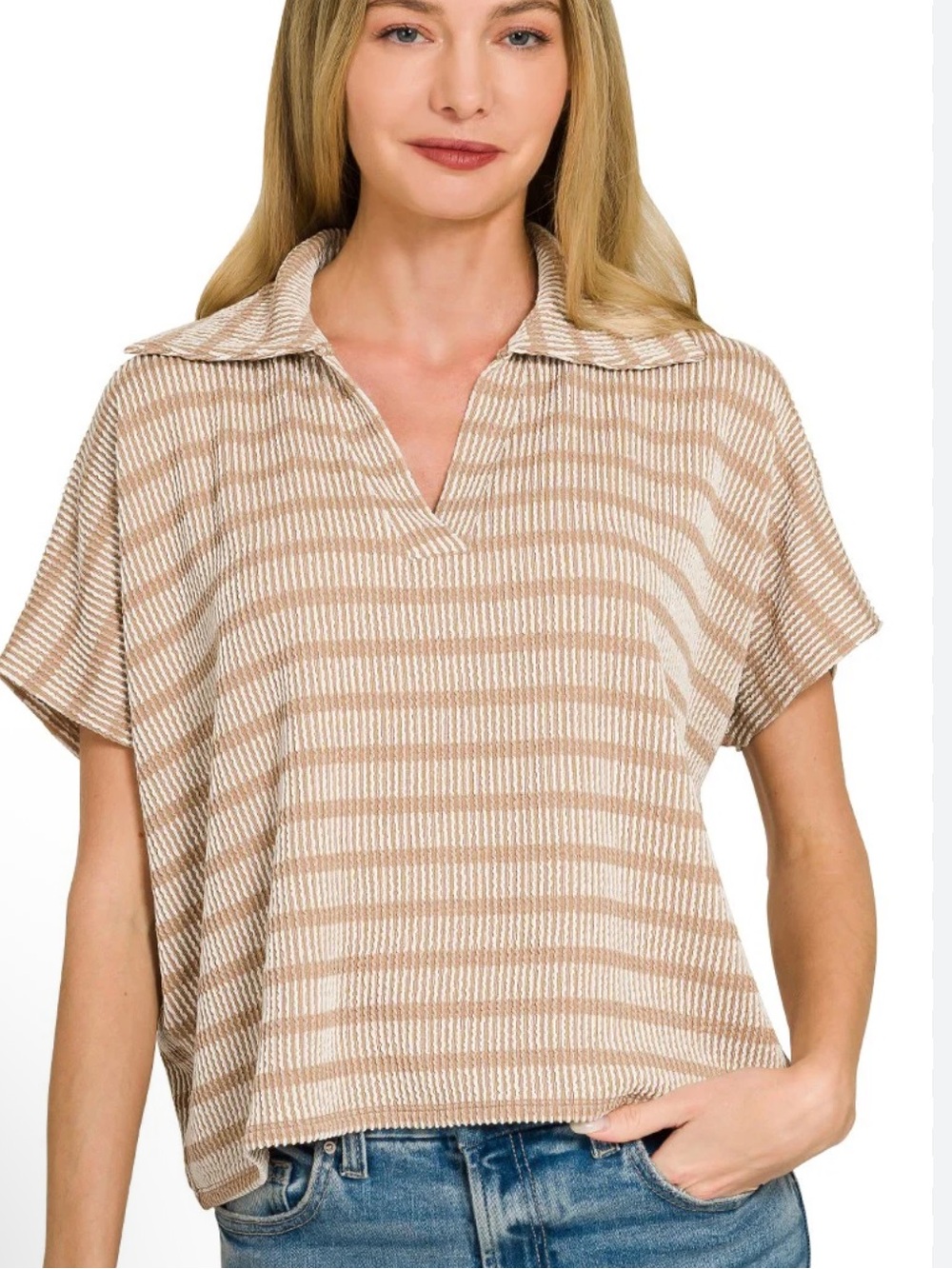 Zenana Short Sleeve Striped Ribbed Polo Top
